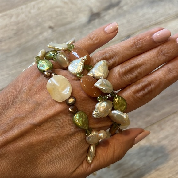 Pearl Necklace, Precious Stones & Genuine Pearls. Green, Amber, Tie Design. - Picture 7 of 9